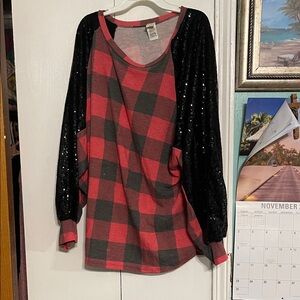 7th Ray Black and Red Checkered Blouse with Sparkling Sleeves